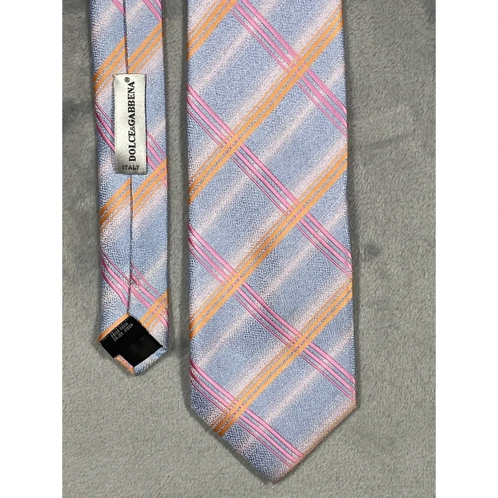 Dolce & Gabbana Mens Silk Tie Blue Pink Orange Diagonal Plaid Italy